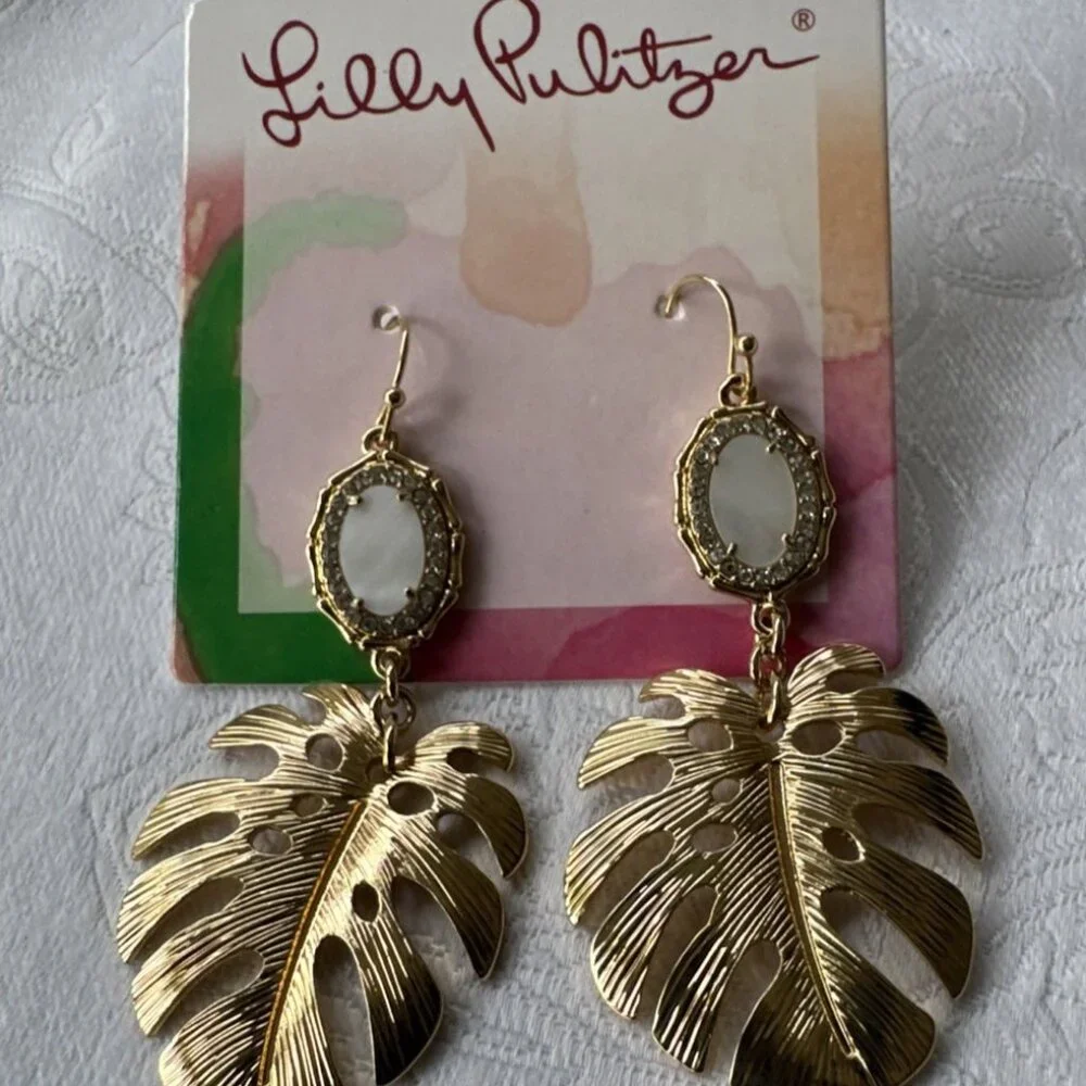 NWT Lilly Pulitzer Earrings Goldtone CZ Monstera Leaves Dangle Pierced NEW